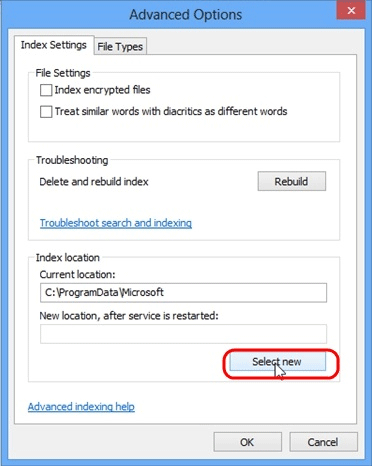 Windows 8 Indexing Options, Settings